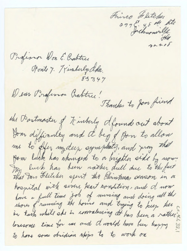 Letter extending sympathy to Crabtree and discussing the ill health of Fletcher's wife. He would like more flakes and asks if Crabtree received the package of citrus he sent a while ago.