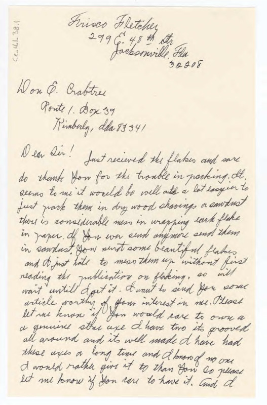 Letter thanking Crabtree for the flakes he recently sent and asking if Crabtree could send an ax in exchange for a knife. Includes the envelope the letter was sent in.