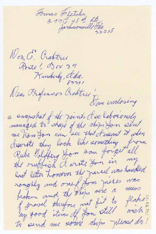 Letter to Crabtree discussing the broken flakes Crabtree recently sent and thanking him. Includes an image of arranged bifaces and the envelope the letter was sent in.