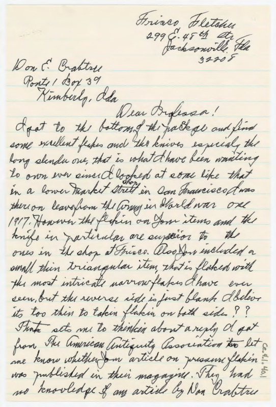 Letter to Donald Crabtree discussing the flakes he sent to Fletcher, asking about the folsom point, and asking for more flakes.