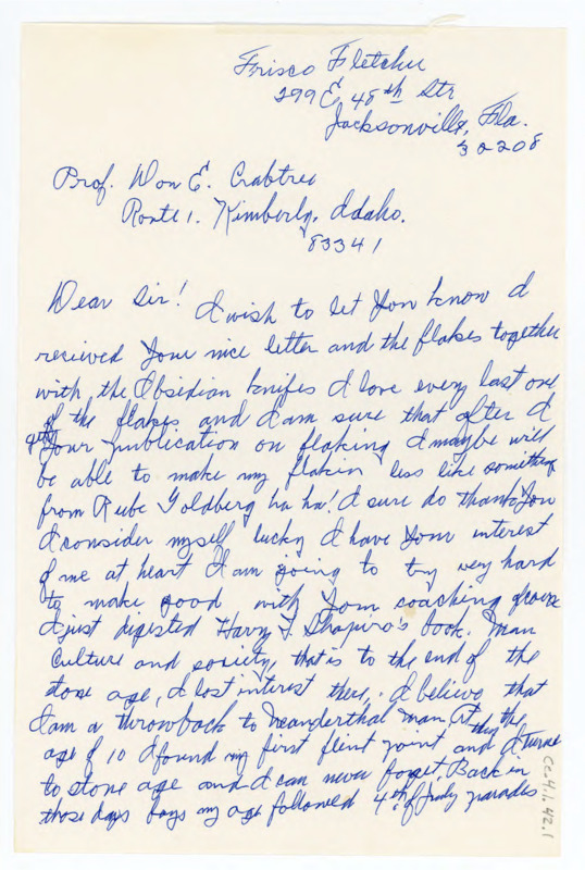 Letter thanking Crabtree for all his help and materials, and discussing some of his flintknapping techniques. He also asks Crabtree to send an arrowhead for his granddaughter.