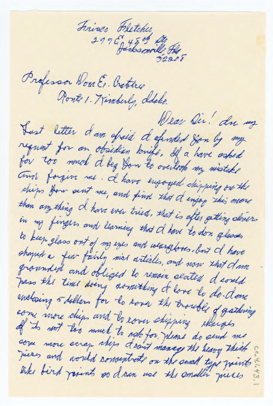 Letter sharing that Fletcher enjoys flintknapping with chips and would like more material to work with. He thanks Crabtree and apologizes for past mistakes.