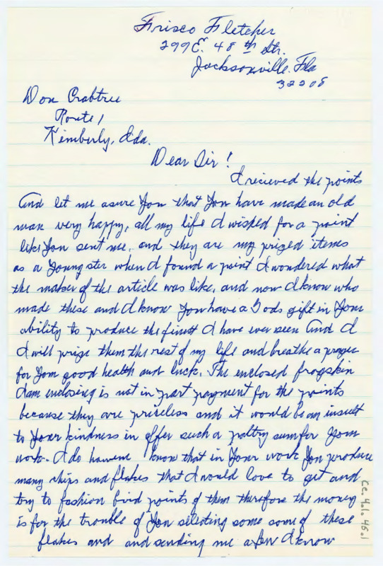 Letter thanking Crabtree for the points he sent and noting that he loves them. He enclosed money for Crabtree to send some obsidian flakes he can try flintknapping with.