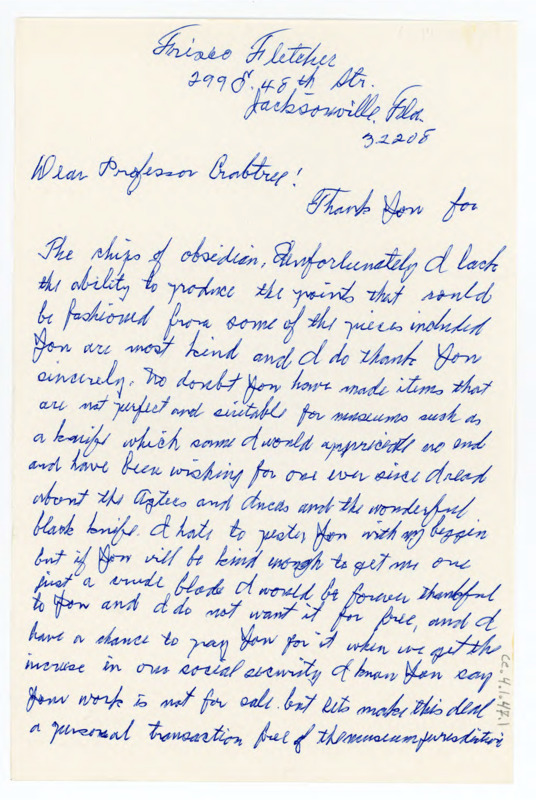 Letter thanking Crabtree and asking for an obsidian knife if he he has one to give.