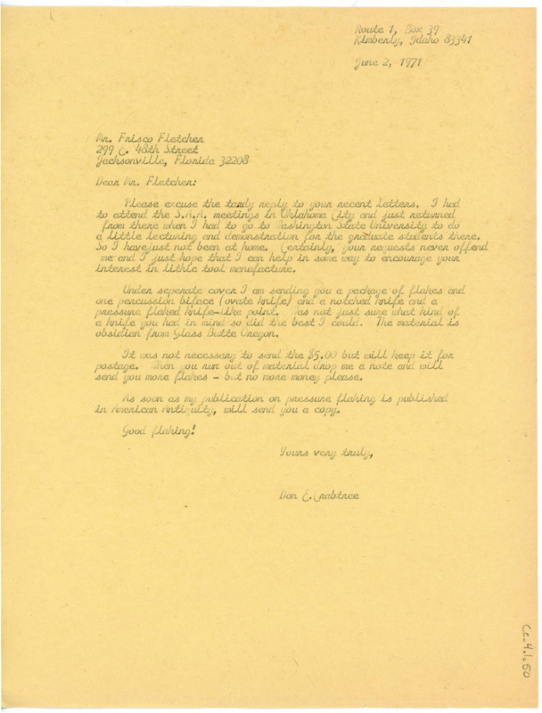 Letter explaining Crabtree's late reply and detailing the material he is sending to Fletcher. He asks that Fletcher send no more money as he is happy to encourage lithic tool manufacture for free.