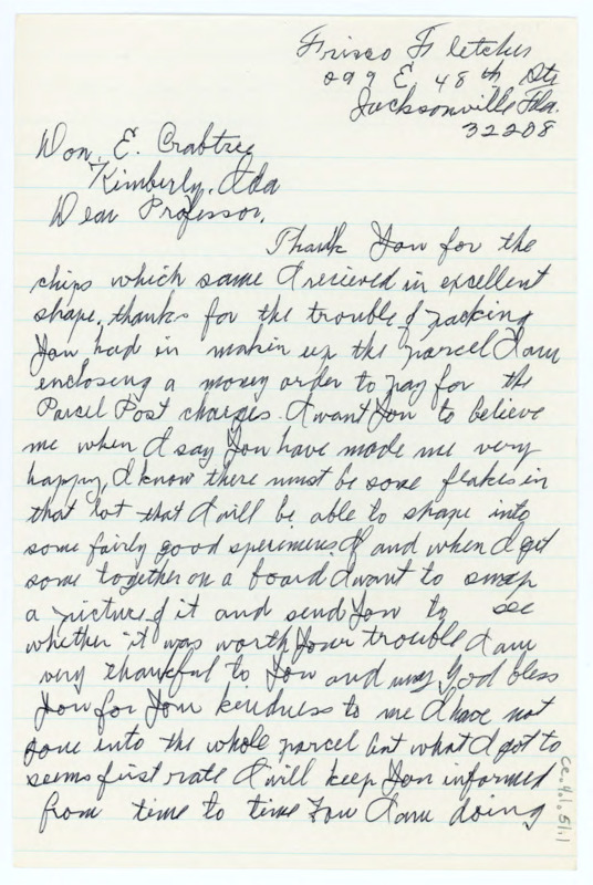 Letter thanking Crabtree for sending so many great flakes. He plans to practice his flintworking skills and will send a photo of some finished products.