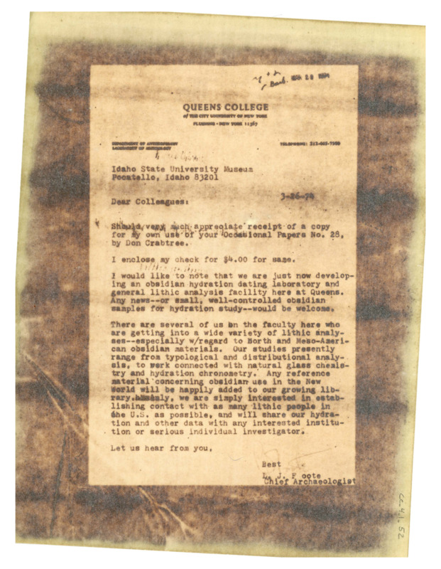 Letter discussing Foote's use of Crabtree's article, and informing him that an obsidian hydration dating laboratory is being built at Queens College. Foote describes Queens' College lithic research.