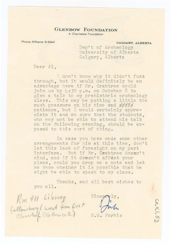 Letter asking if Crabtree would be willing to give a talk to a prehistoric archaeology class. The back of the letter has some sketches of bifaces.