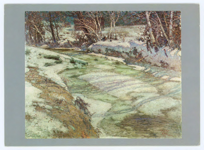 Holiday card with a painting of a snowy creek landscape and "Season's Greetings."