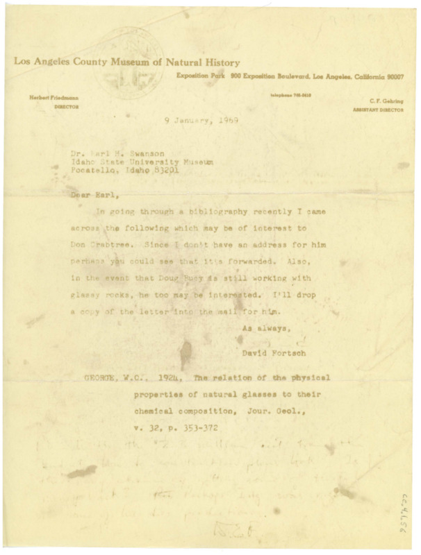 Letter forwarded to Donald Crabtree by Earl Swanson discussing a bibliography that might be of interest to him.