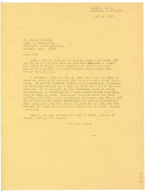 Letter to Alaric Faulkner noting he has been selected to attend the lithic technology field school. Crabtree asks if Faulkner would fill in for him on a panel at the S.A.A. meetings.