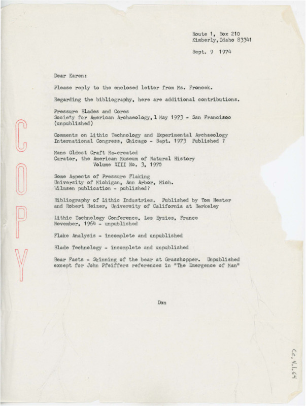 Letter asking for a reply to a copied letter from Ms. Froncek. The letter includes a series of bibliography entries.