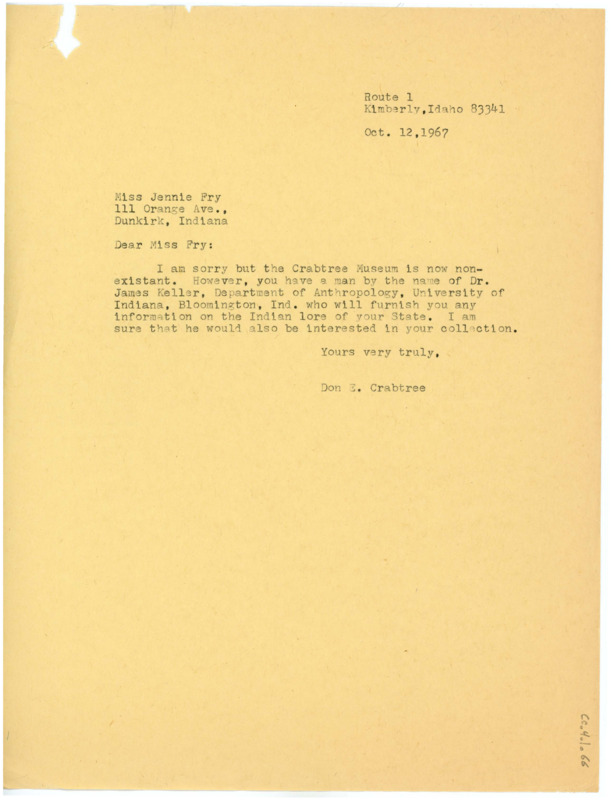 Letter referencing Fry to an anthropologist named James Keller at University of Indiana on Indian artifacts of Indiana.