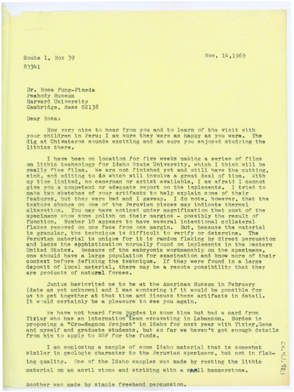 Letter discussing the artifacts Fung-Pineda recovered in Peru. Crabtree hopes they can visit soon to discuss the artifacts in person, and he includes a sample of similar artifacts. There is a note from Evelyn discussing Fung-Pineda's family visit.