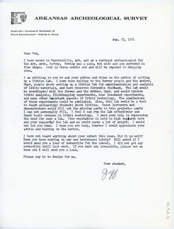 Letter asking for advice on setting up a lithics lab, and discussing what the lab would entail. Flenniken asks if Crabtree would support his desire for a lab. He also offers novaculite if Crabtree would like some.