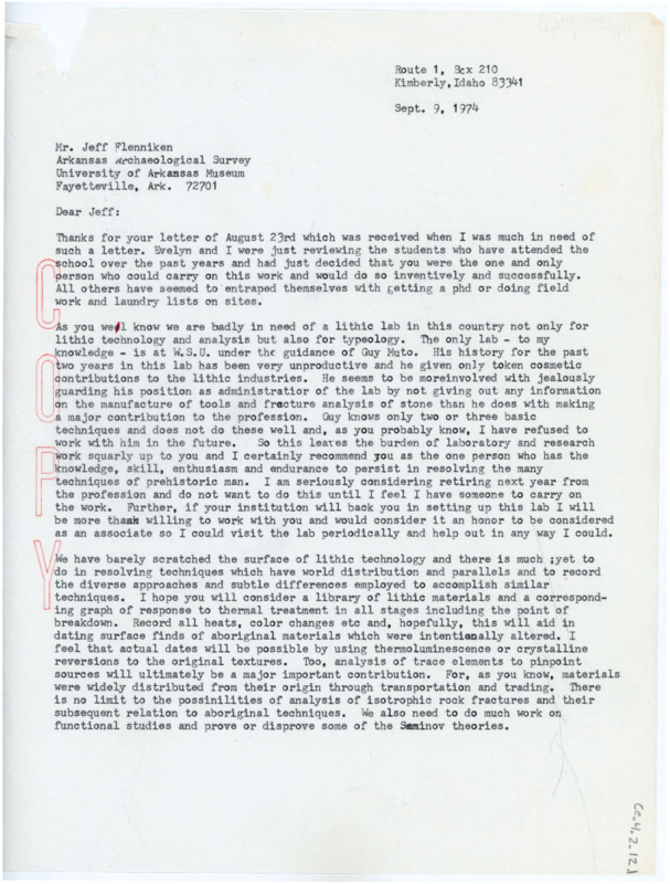 Letter expressing support in Flenniken's efforts to make a lithics lab. Crabtree discusses what should be included in the lab, and his problems with the lithics lab at Washington State University.