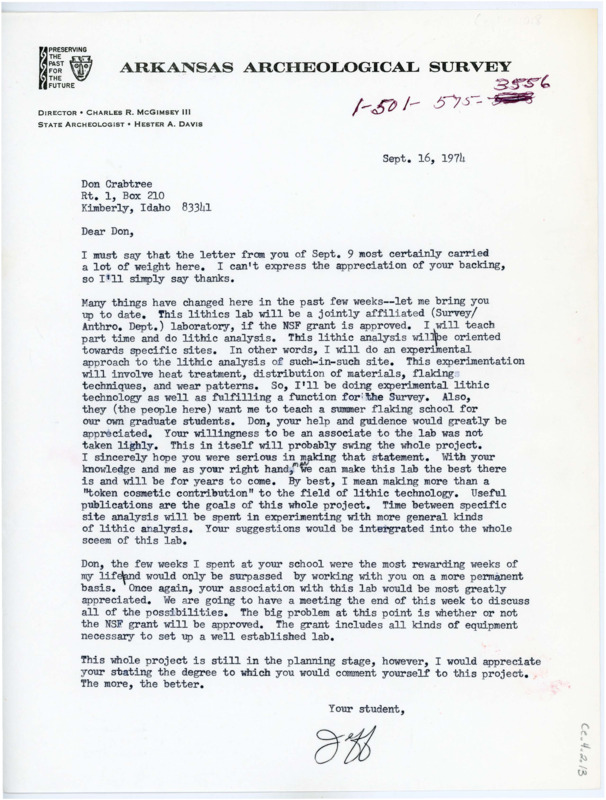 Letter discussing the development of a lithics lab in Arkansas, including what the lab will focus on if they receive a grant. Flenniken hopes Crabtree will help with the lab.