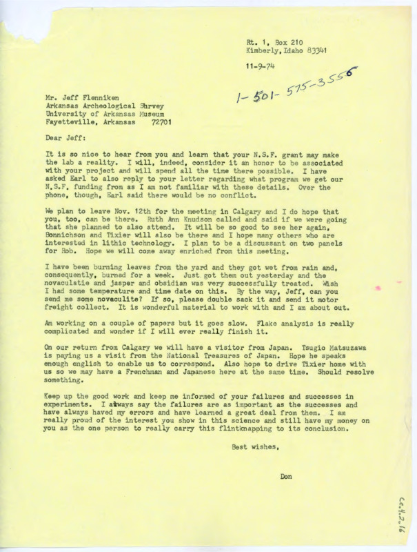 Letter discussing the lithics lab, Crabtree's experimentation with novaculite and jasper, upcoming meetings in Calgary, and his next visitors.