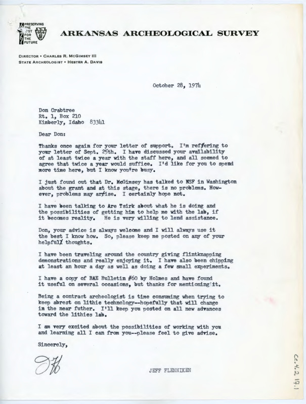 Letter discussing the grant supporting the lithics lab, Flenniken's recent flintknapping travels, and asking for more advice on the lithics lab. Ari Tsirk is willing to also help at the lab.