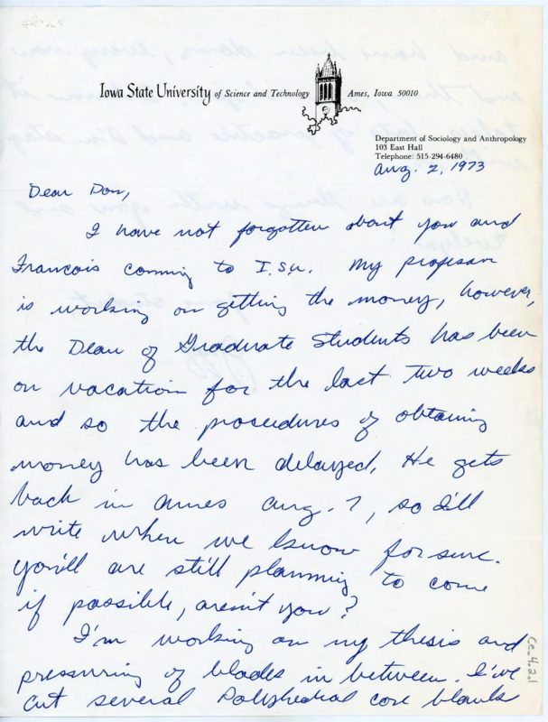 Letter informing Crabtree that Flenniken will make concrete travel plans soon. He asks if Crabtree still plans on visiting and says he is still practicing flintknapping.