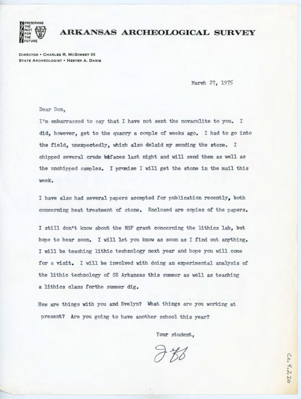 Letter informing Crabtree he will send novaculite soon. Flenniken discusses the lithics lab grant, his recent publications, and that he hopes Crabtree can visit.