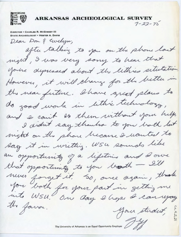 Letter stating that Flenniken has plans to do great work in the lithics field. He thanks Donald and Evelyn for their help getting him into Washington State University.