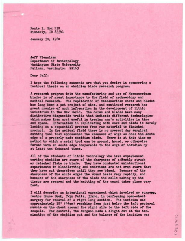 Letter discussing the use of Crabtree's own obsidian blade in his surgery. He notes the experiment results and the benefits of obsidian blades in surgery.