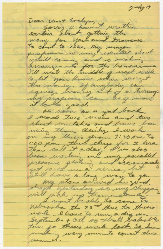 Letter informing Crabtree he is trying to gather money for Crabtree to visit. Flenniken explains his thesis and flintknapping work.