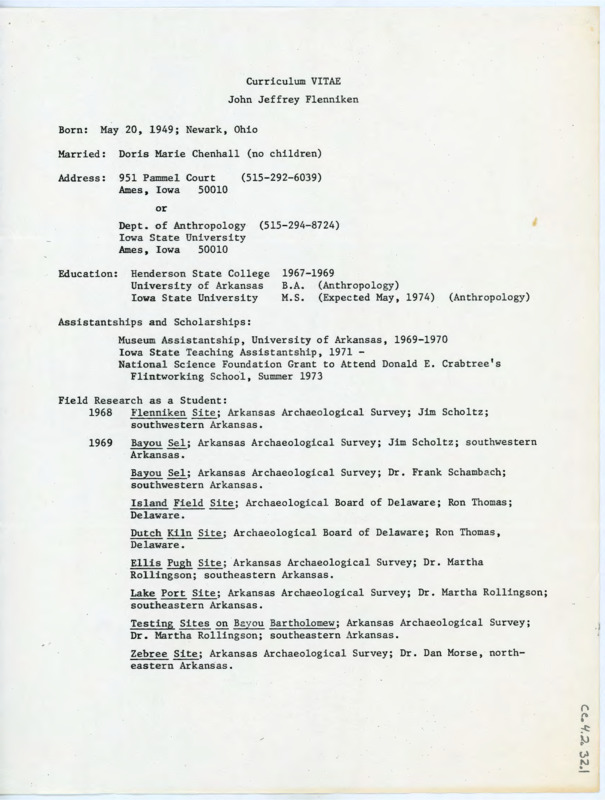 Curriculum VITAE listing Flenniken's research and experience. Includes a copy of Flenniken's doctoral research proposal on mechanical principles of stone tool manufacture with edits.