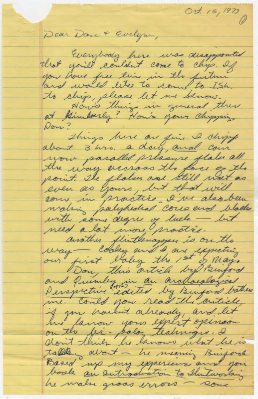 Letter inviting Crabtree to visit when possible. Flenniken discusses flintknapping technique, asks for advice, and asks for a review of another article on archaeology.