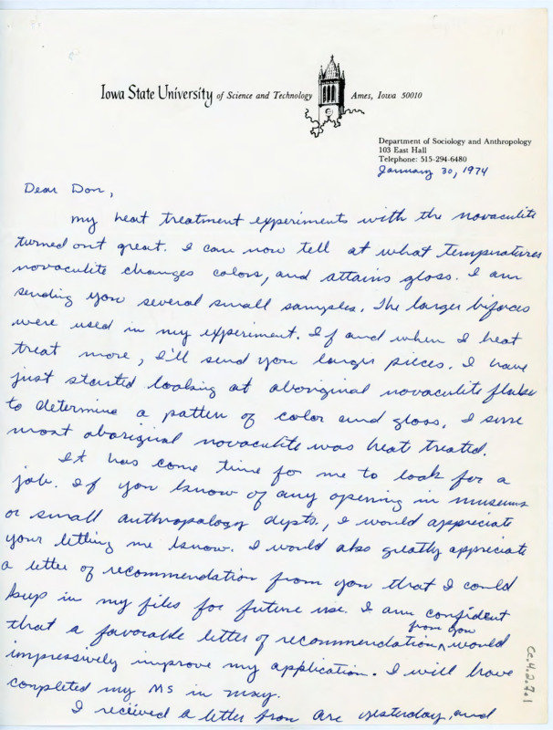 Letter discussing Flenniken's archaeology experiments with heat treatment. He asks if Crabtree knows of any job openings Flenniken would fit, and wonders if Crabtree can write a letter of recommendation.