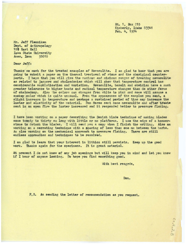 Letter discussing heat treatment of certain rock types and the results of such experiments. Crabtree shares the details of a paper he's working on about Danish blades.