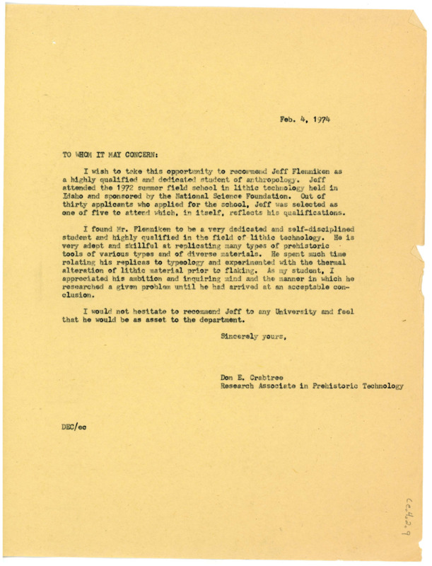 Letter of recommendation for Jeff Flenniken. Crabtree notes Flenniken's archaeology experience, qualifications, and high dedication.