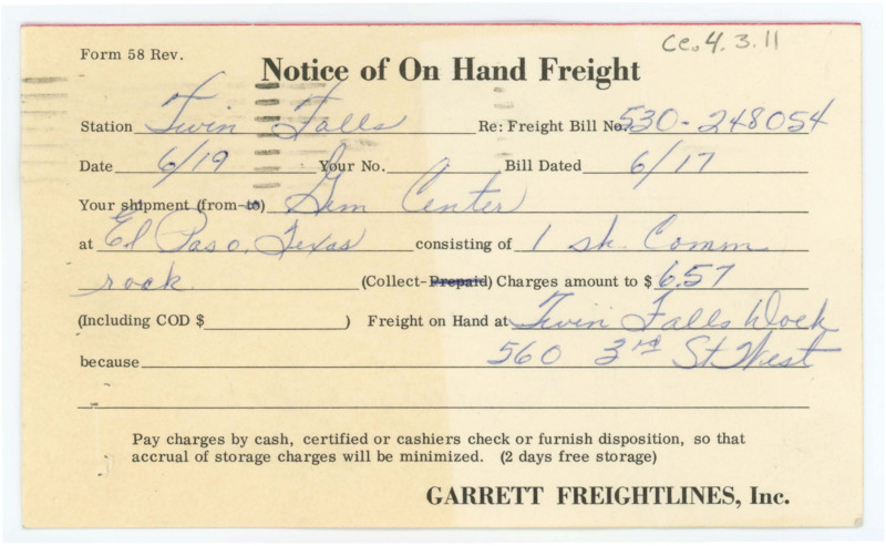 Postcard informing Crabtree of the details for the freight that arrived for pickup.