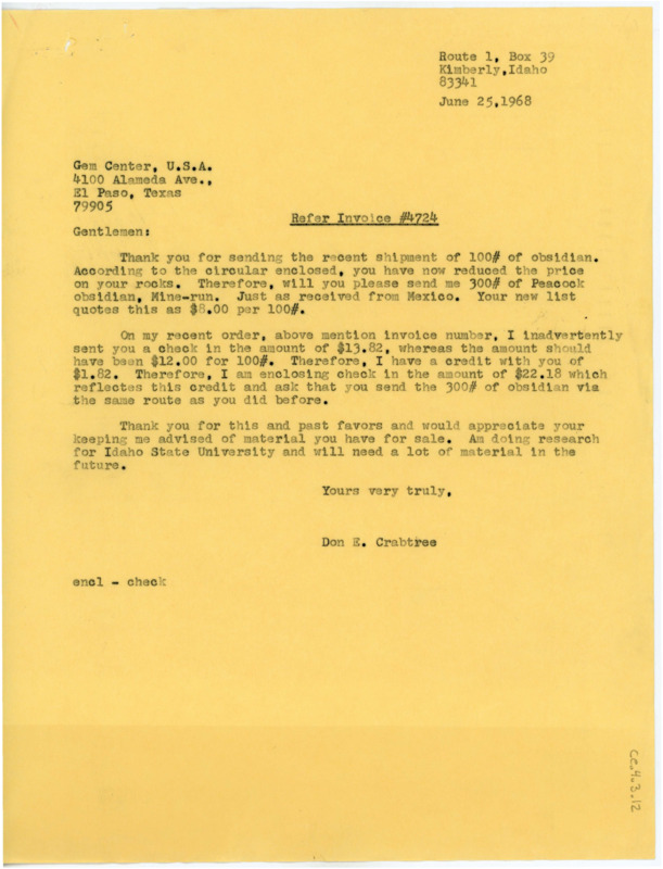 Letter ordering peacock obsidian and explaining a reduced check amount due to the credit Crabtree had with the company.