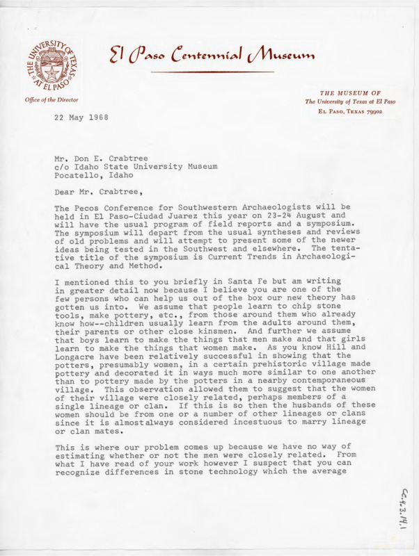 Letter asking for advice on distinguishing between two point styles. Gerald also shares details about the upcoming Southwestern Archaeologists conference.