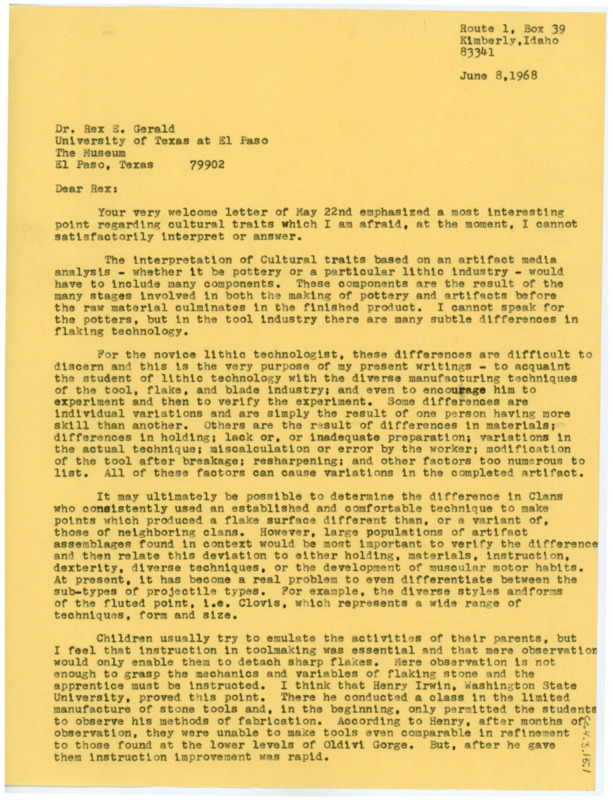 Letter sharing information on point identification and toolmaking education in attempt to answer Gerald's past questions.