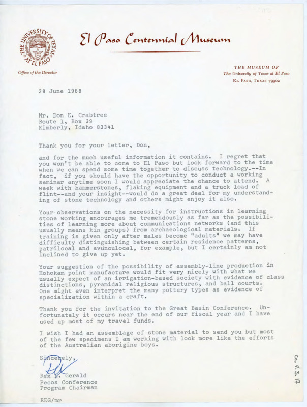 Letter asking if Crabtree would put on a flintknapping workshop. Gerald discusses the possibilities of Hohokam point manufacture and an upcoming conference.