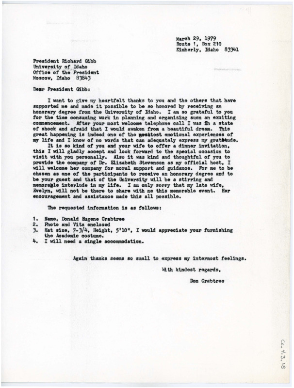 Letter thanking Gibb for helping Crabtree get his honorary degree and inviting him to dinner. He includes requested information.