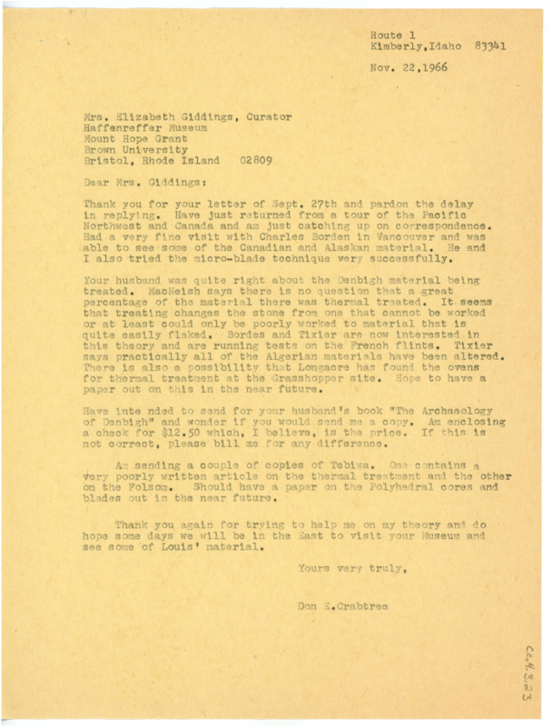 Letter discussing Crabtree's recent flintknapping experiments and travel. Crabtree requests a copy of Giddings's husband's book.