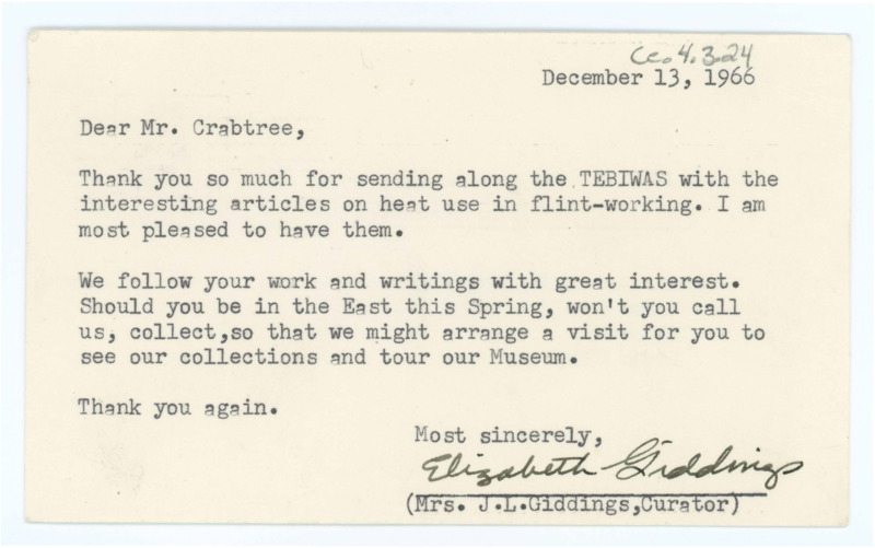 Letter thanking Crabtree for sending articles. Giddings invites Crabtree for a visit.