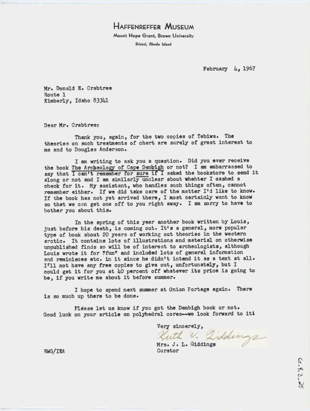 Letter asking if Crabtree received the book Giddings ordered. Giddings also offers a discount on her husband's next book.