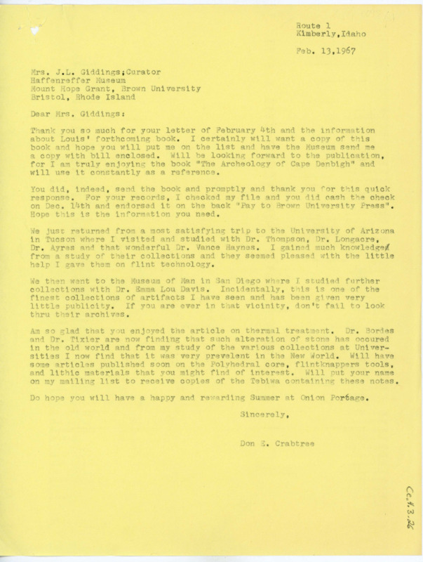 Letter informing Giddings that Crabtree received the book they sent. Crabtree discusses his summer travels and recent experimentation.