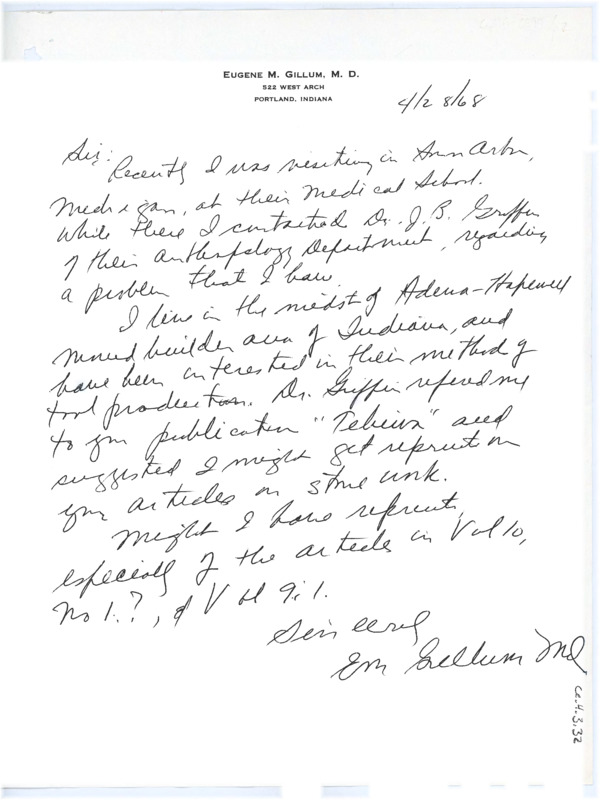 Letter asking for a print of one of Crabtree's Tebiwa article.