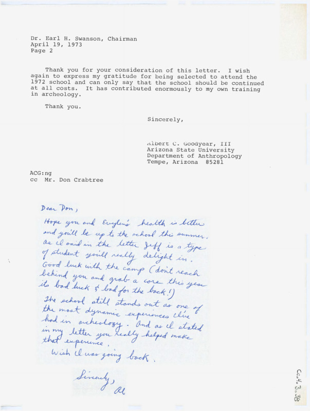 Forwarded letter thanks Earl Swanson for his consideration of Jeff Flenniken into field school. In the handwritten note, Al Goodyear wishes good health to Donald and Evelyn Crabtree, and wishes he could attend field school again.