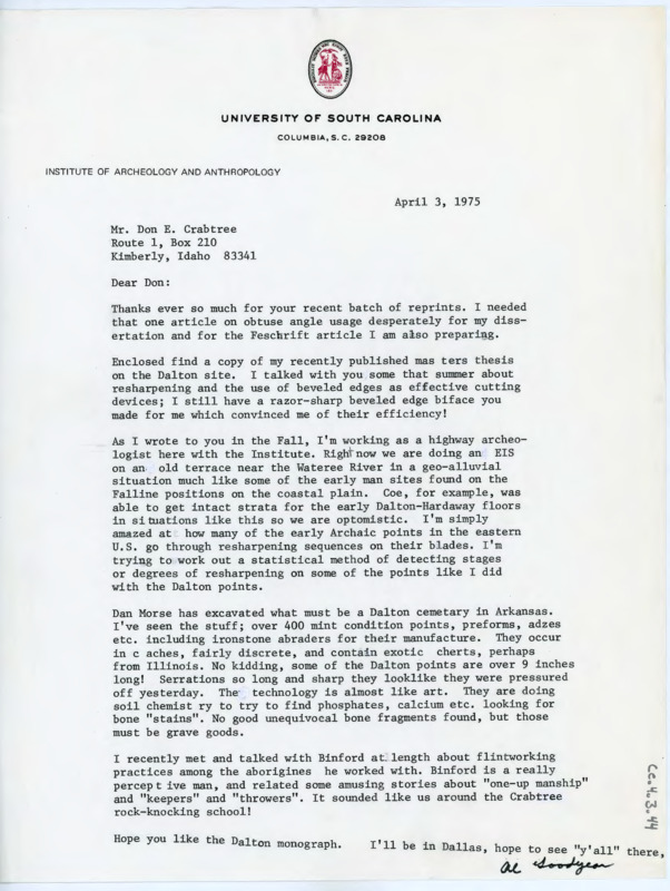 Letter sharing Goodyears thesis and discussing his current work as a highway archaeologist. Goodyear discusses the Dalton Cemetery material finds in Arkansas.