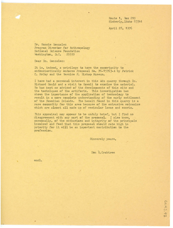 Letter endorsing a research proposal by the Bishop Museum in Hawaii to study the Adz Quarry.