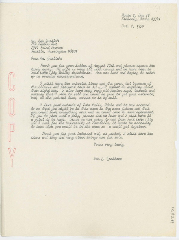 Letter stating that Crabtree cannot ship his Oriental items and gun collection at this time. If Gorlick is planning a trip through southern Idaho, he is welcome to stop by for some items.