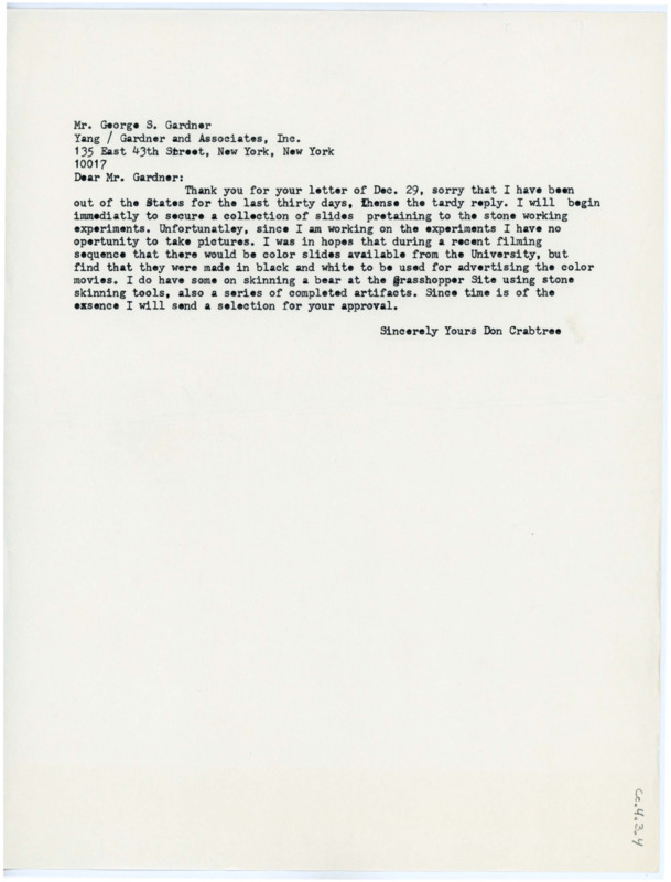 Letter discussing Crabtree's attempt at getting color slides of his flintknapping.