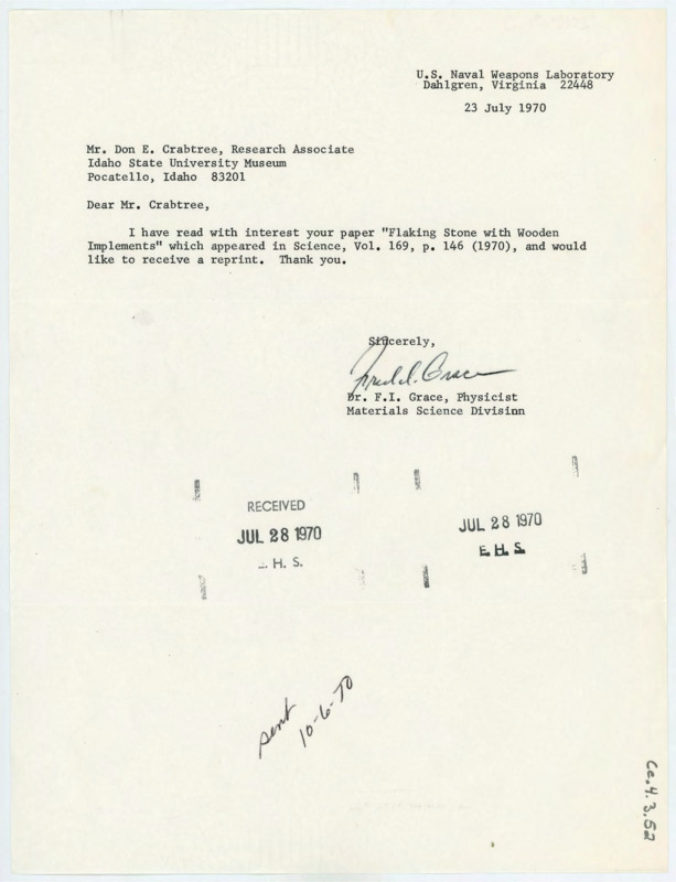 Letter asking Crabtree for a reprint of one of his articles.